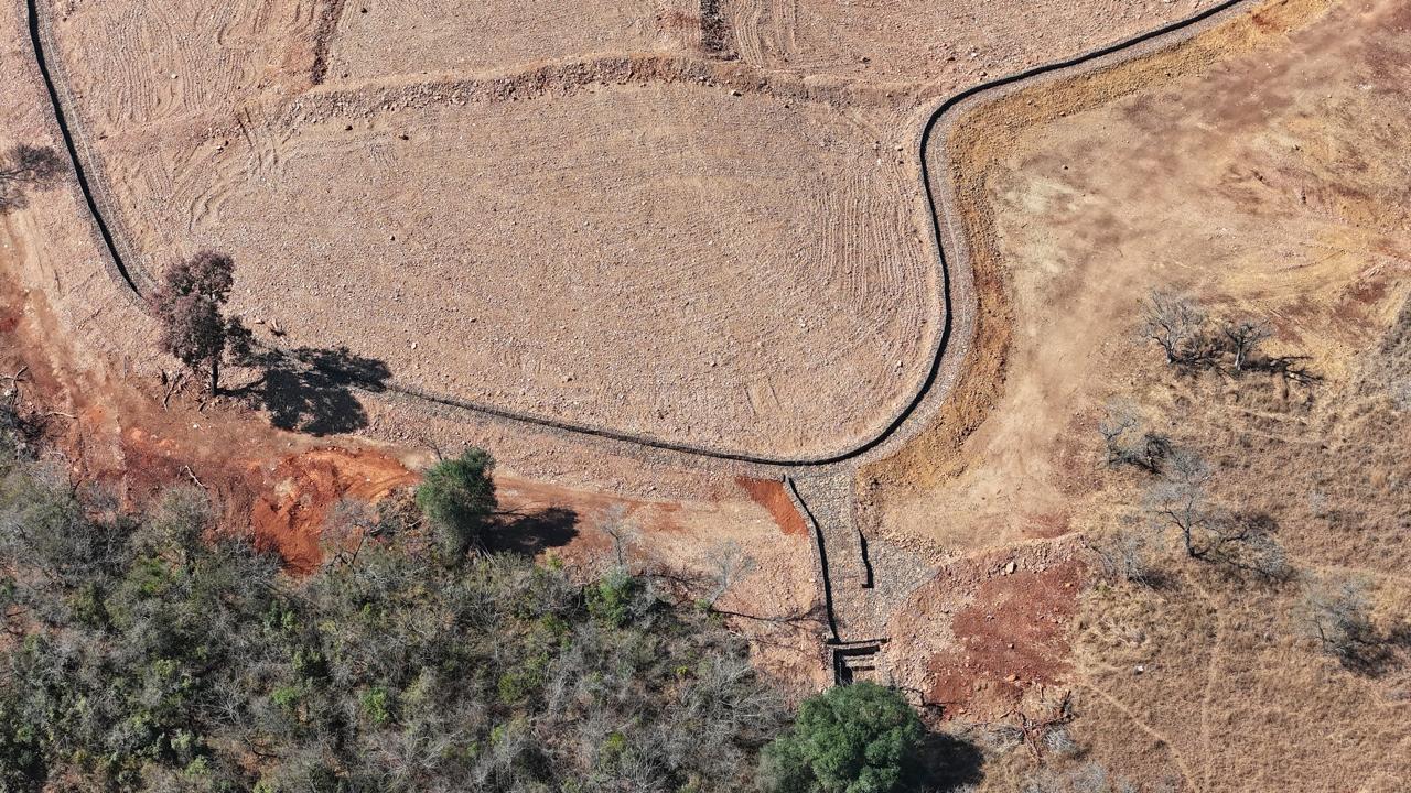 Top view of a PVC coated gabion wall and gabion outlet at Badplaas