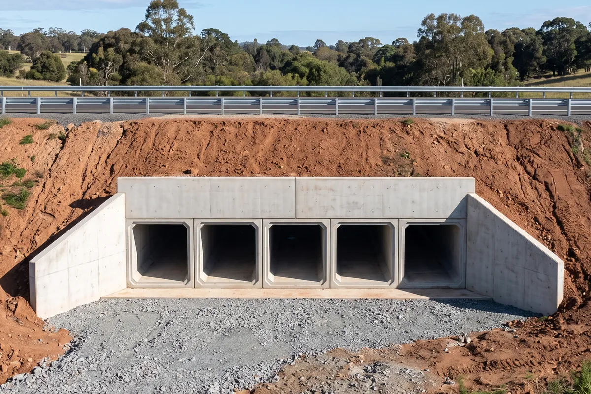 Five precast concrete box culverts under a new road embankment