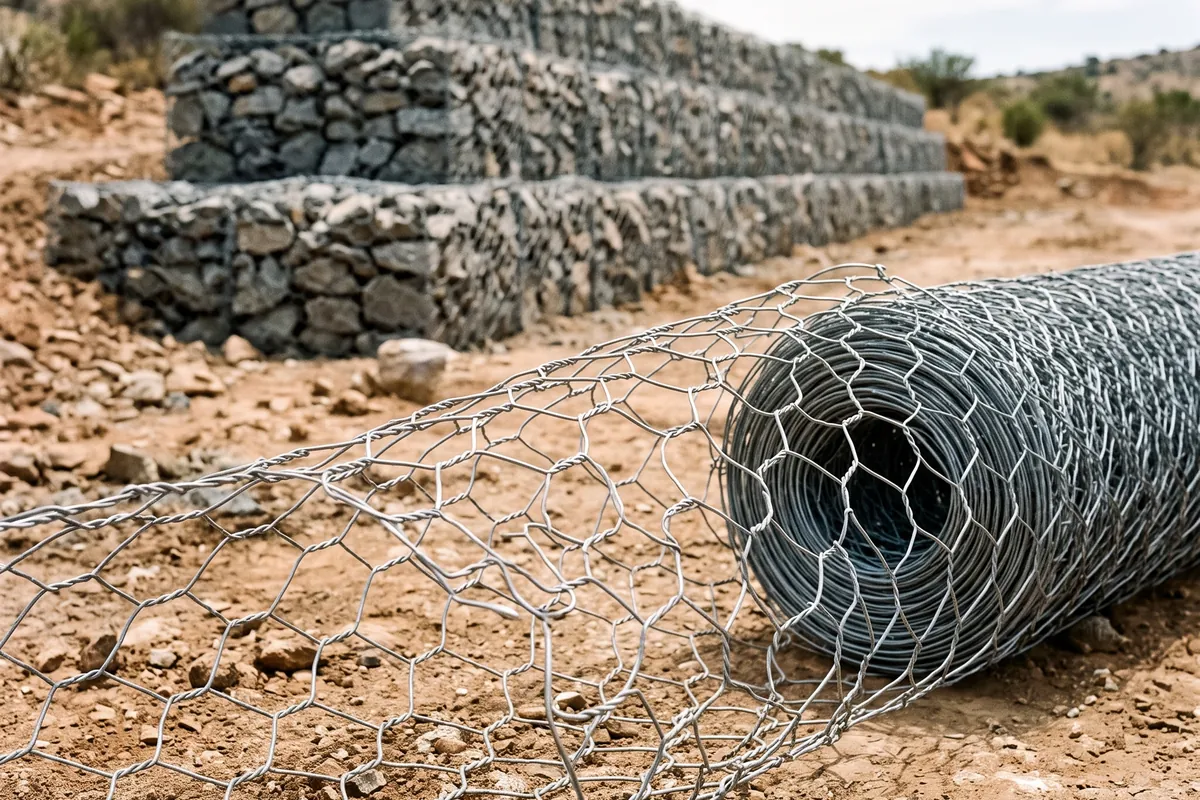 Roll of hexagonal double twist wire mesh in front of a stepped gabion wall