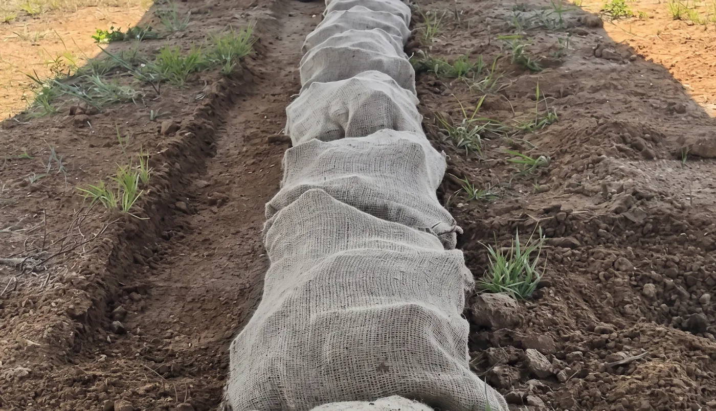 Row of filled hessian bags laid between solar panel rows at the Balfour project